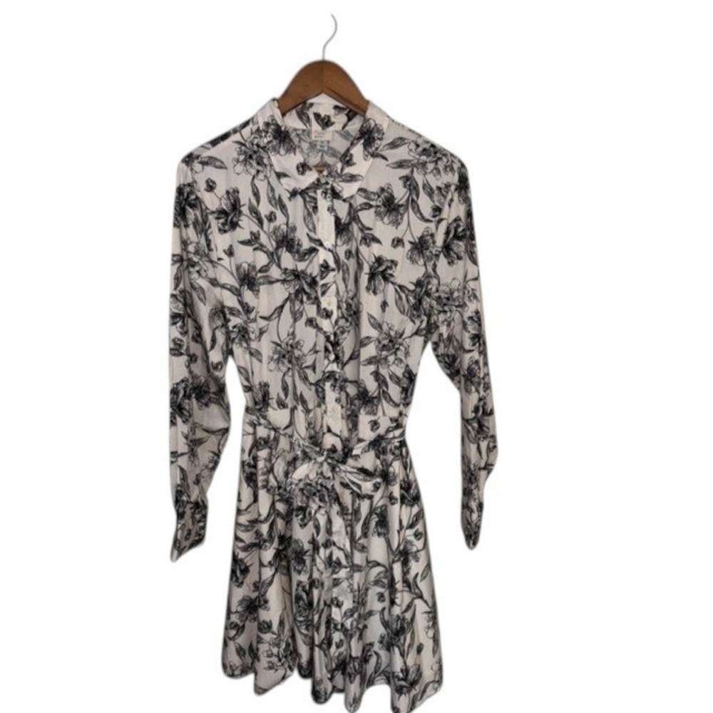 A New Day Womens XL Floral Shirt Dress Black White Tie Waist A-Line Long Sleeve